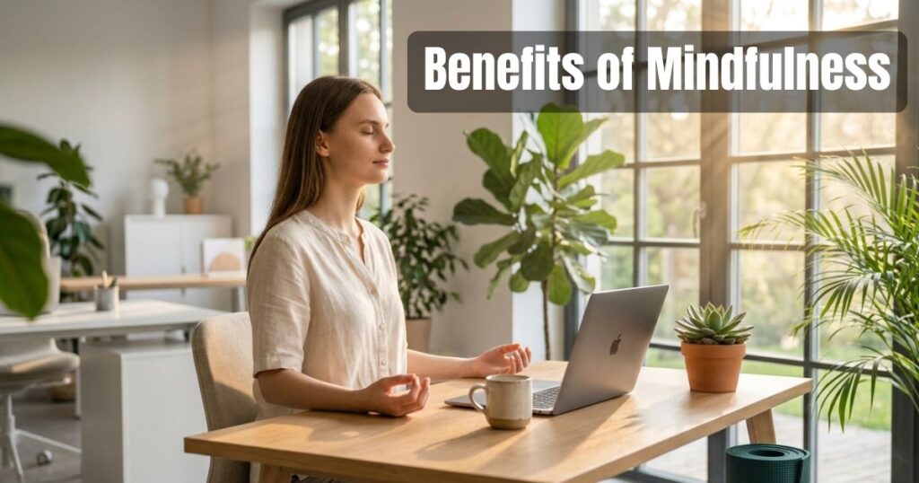 Office worker practicing mindfulness to reduce stress.