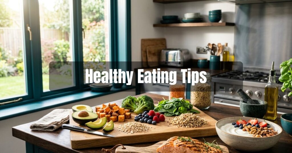 Preparing a balanced meal with nutrient-rich foods such as vegetables, salmon, whole grains, berries, and avocado.