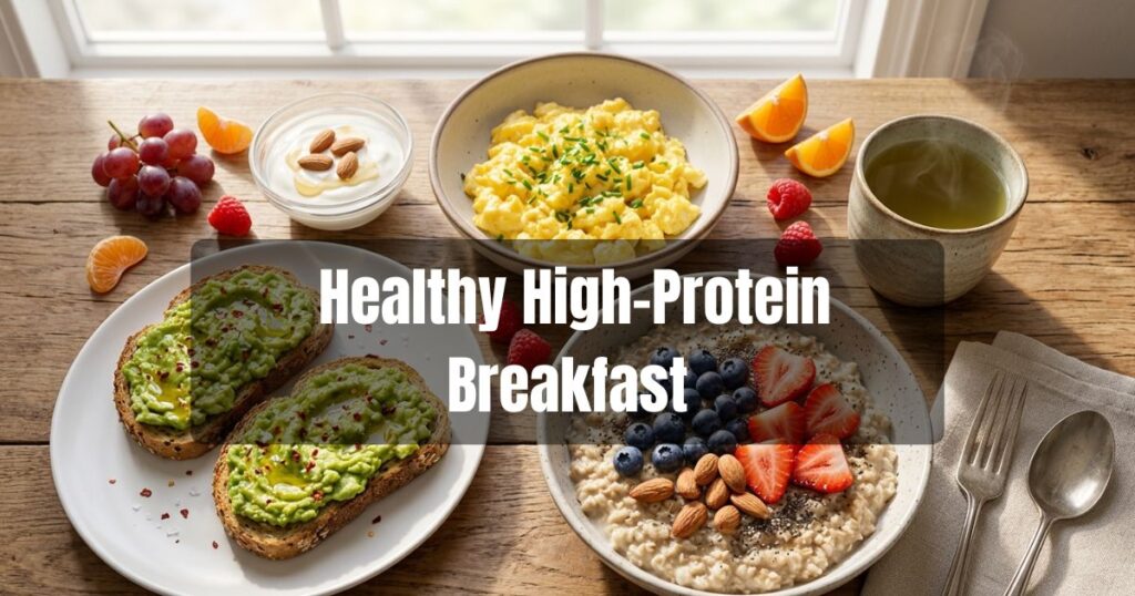Protein-rich breakfast with eggs, oatmeal, berries, avocado toast and green tea.