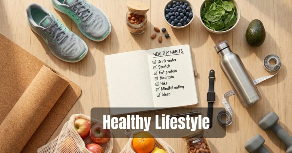 Healthy lifestyle with exercise, nutritious food, hydration and positive habits.