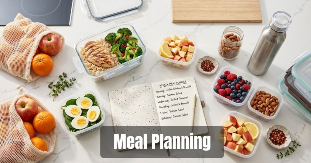 Healthy meal planning with fruits, vegetables, lean protein and notebook.