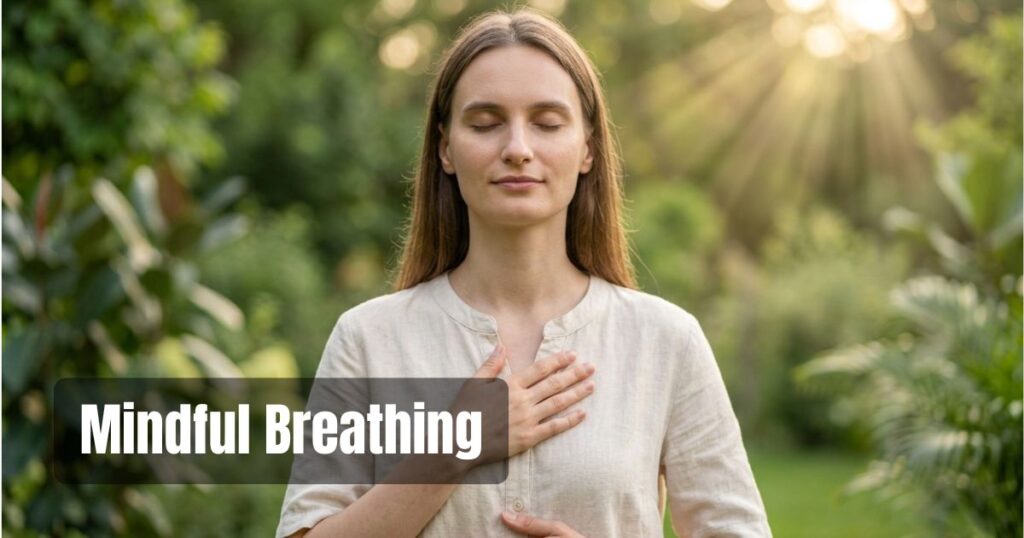 Woman practicing mindful breathing.
