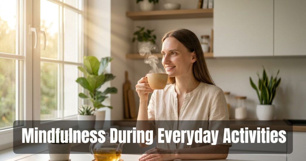 Woman enjoying tea mindfully without distractions.