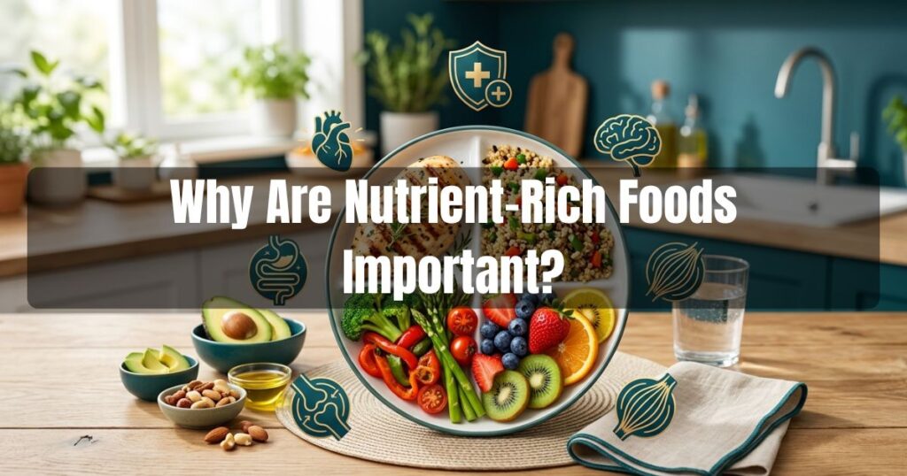Balanced plate with nutrient-rich foods that support heart health, immunity, brain function, and overall wellness.