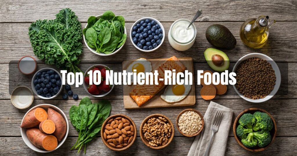 Healthy nutrient-rich foods including salmon, kale, blueberries, eggs, Greek yogurt, legumes, nuts, sweet potatoes, avocados, and whole grains.