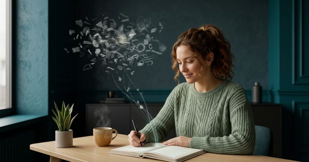 Woman writing in a journal to organize overwhelming thoughts
