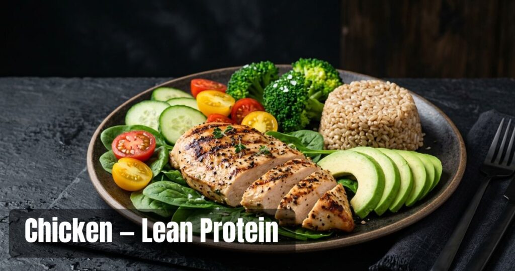 Grilled chicken breast with vegetables, avocado, and brown rice