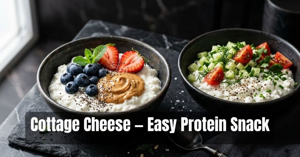 Cottage cheese bowl with blueberries, peanut butter, and chia seeds