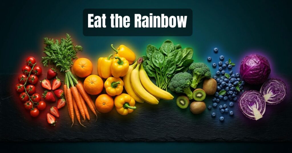 Colorful rainbow of fruits and vegetables for healthy eating