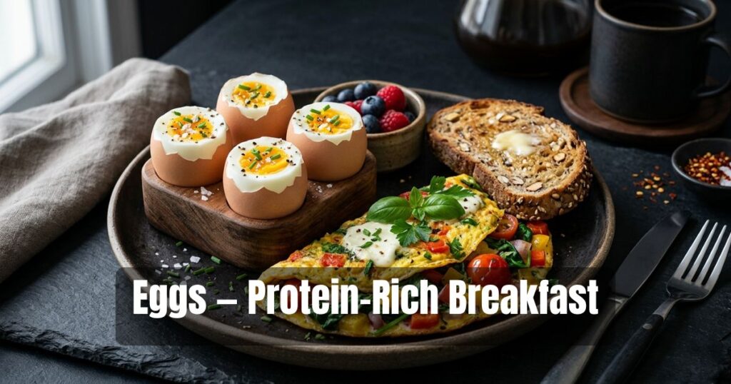 High-protein eggs served with vegetables and whole-grain toast