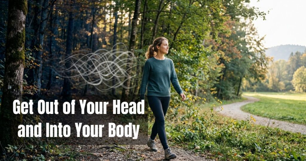 Woman walking outdoors to reduce overthinking and reconnect with the present