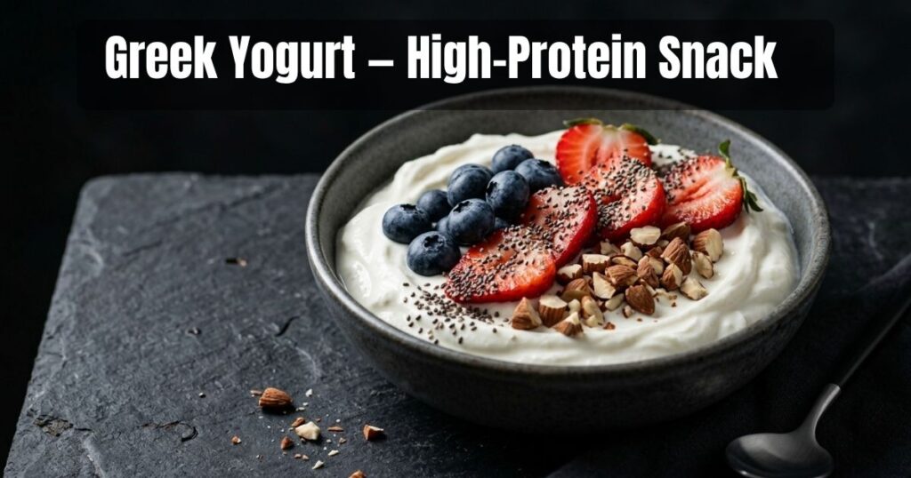 Greek yogurt bowl with berries, chia seeds, and almonds