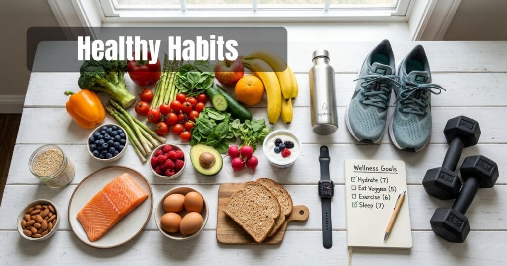 Healthy foods, water bottle, dumbbells, and walking shoes promoting sustainable weight-loss habits.