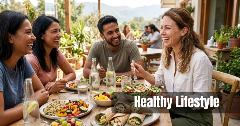 Woman enjoying a balanced healthy meal with friends as part of a sustainable weight-loss lifestyle.