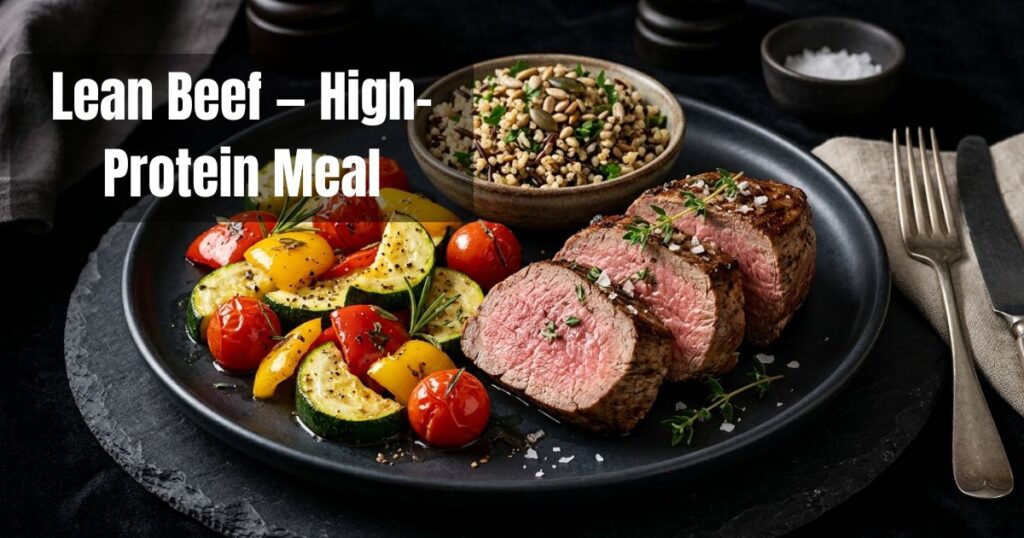 Lean beef served with colorful roasted vegetables