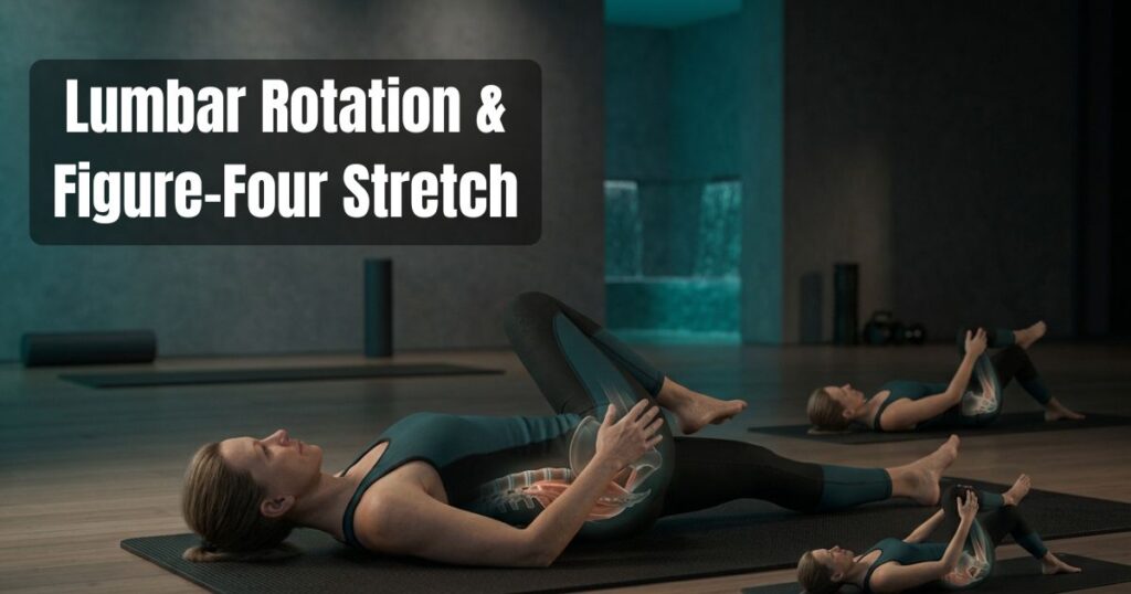 Lumbar rotation and figure-four stretches for hip flexibility