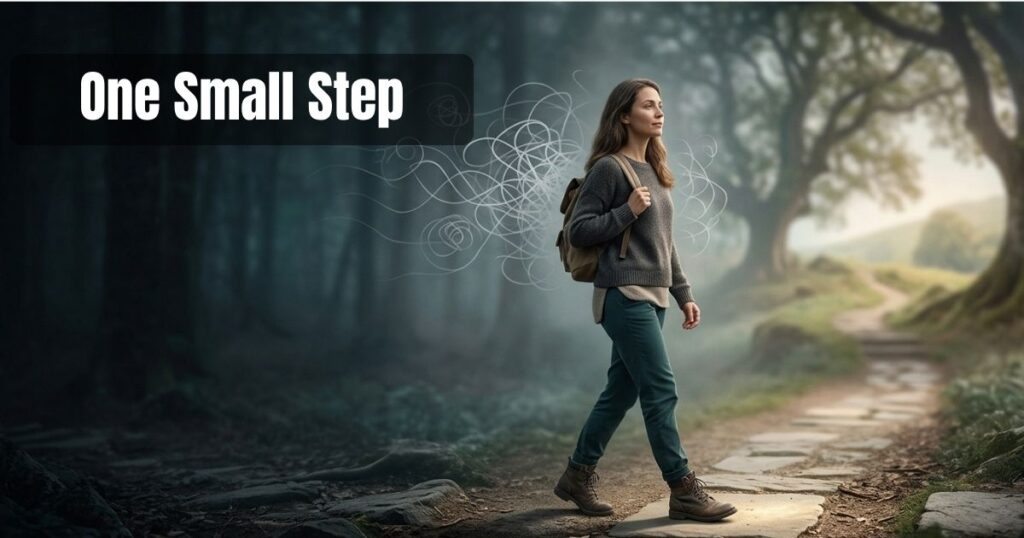 Woman walking toward a brighter path while letting go of overwhelming thoughts