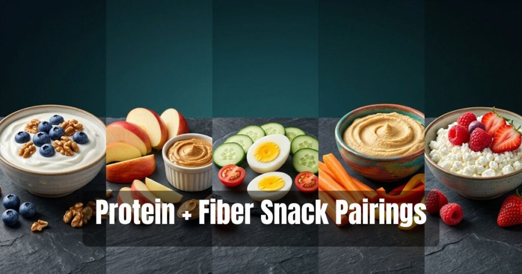 Balanced snack combinations pairing protein-rich foods with fruits and vegetables