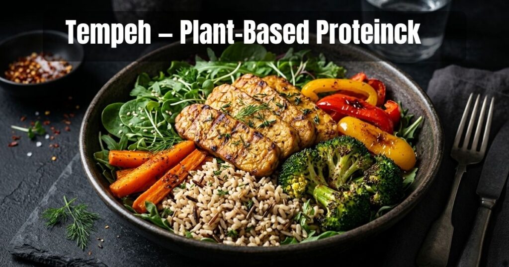 Grilled tempeh with vegetables and brown rice