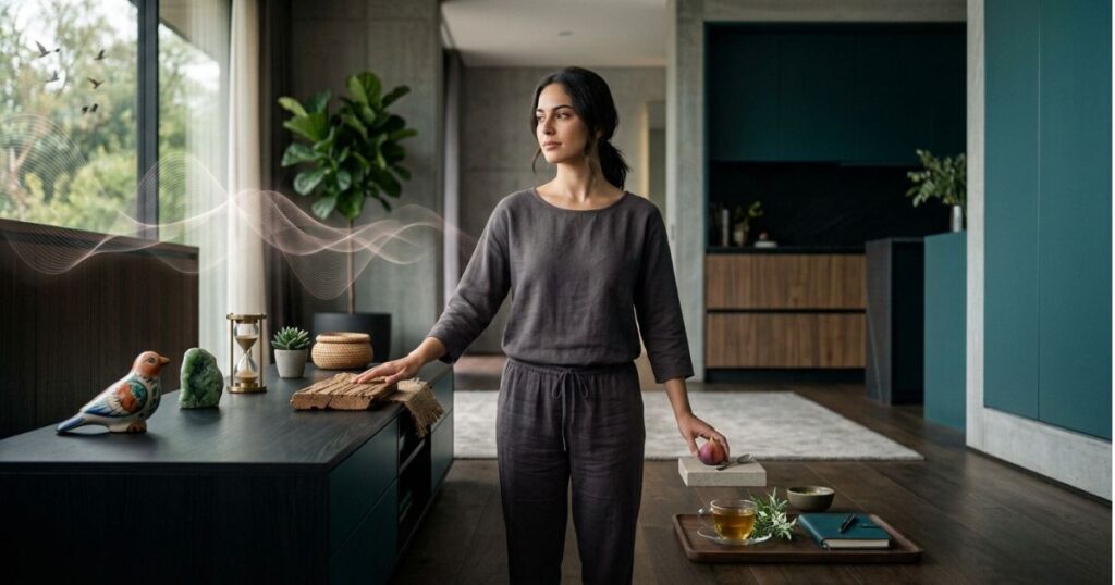 Woman practicing a five-minute calming and mindfulness routine