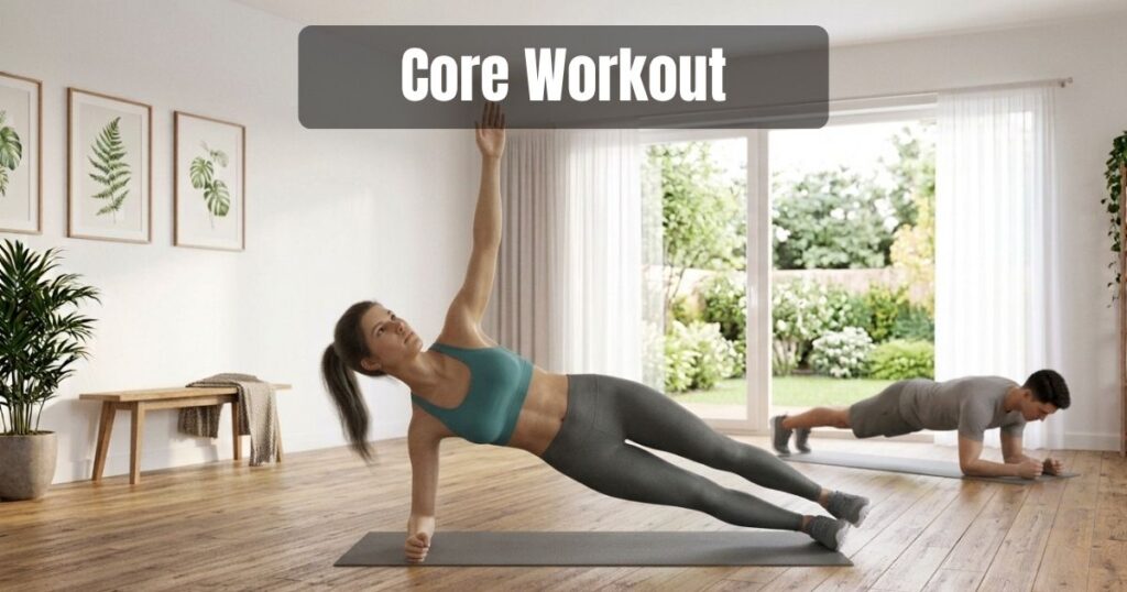 Woman performing plank and side plank exercises at home