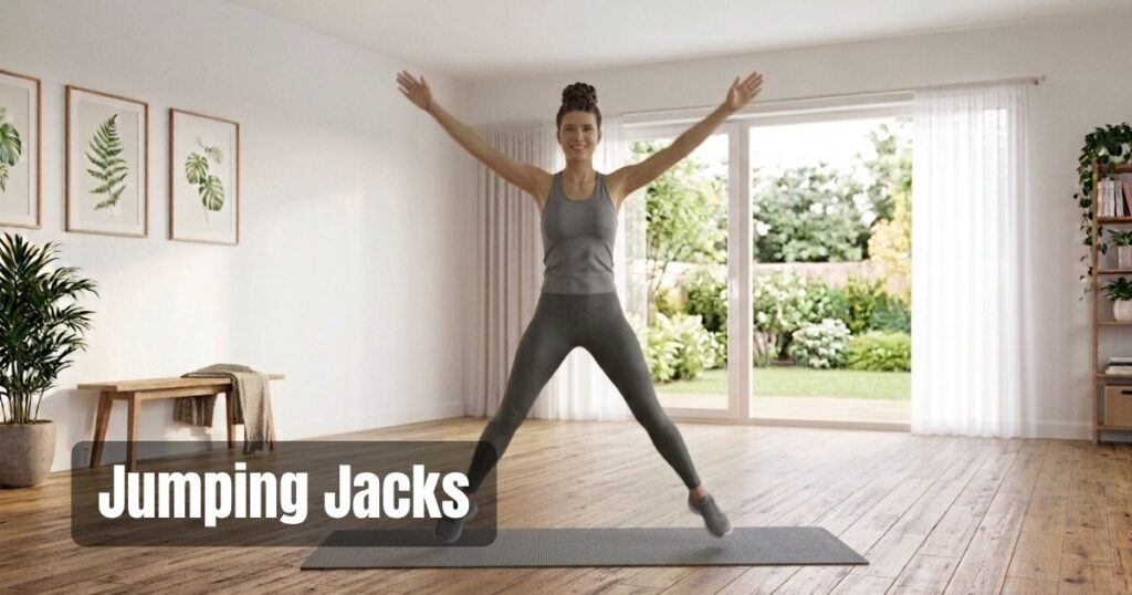 Woman doing jumping jacks during a home workout