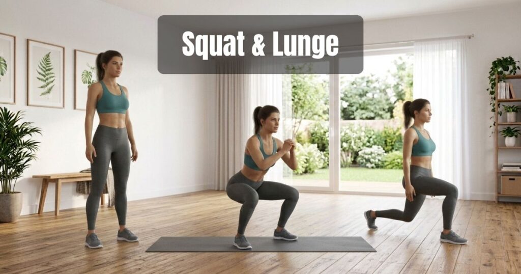 Woman demonstrating bodyweight squats and lunges at home